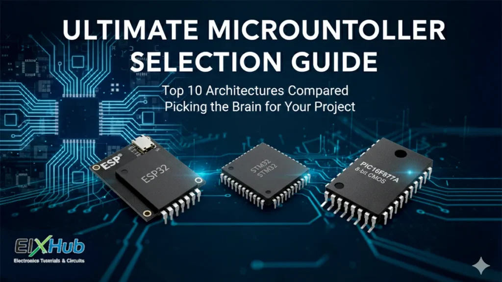 Ultimate Microcontroller Selection Guide featuring ESP32, STM32, and PIC16F877A chips.